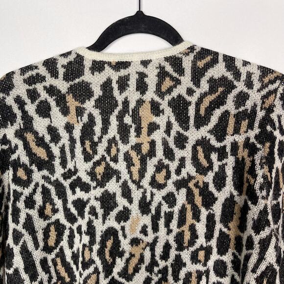Joie Medium M Cream Black Leopard Print Wool Mohair Full Zip Sweater Animal Crew - Picture 6 of 9